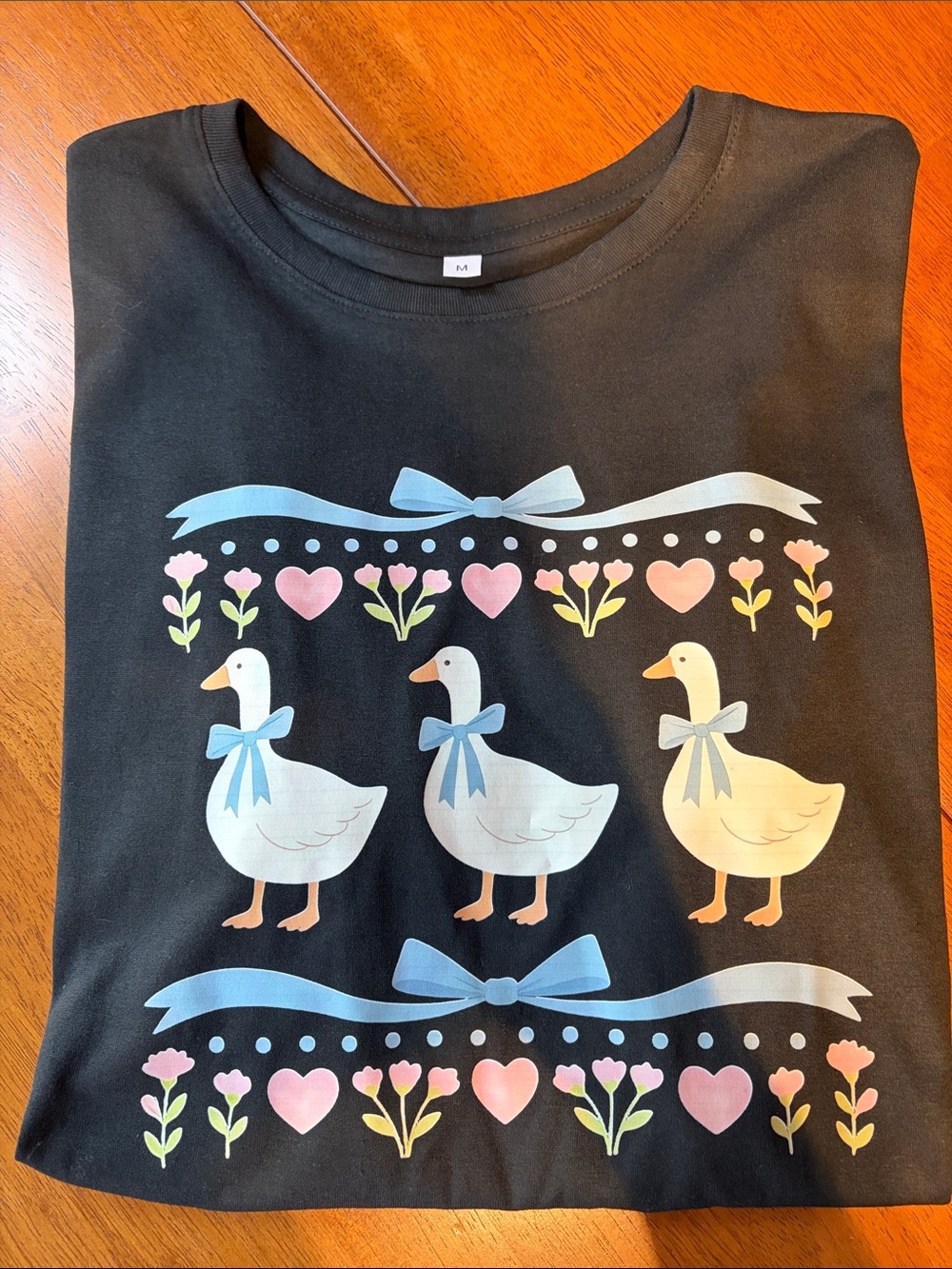 Black Tee Retro 1980’s Pastel Goose Trio Graphic Bows Heart Flowers Size Med